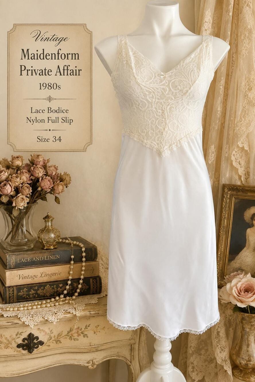 Vintage Maidenform Private Affair 1980s White Lace Bodice Nylon Full Slip Sz 34